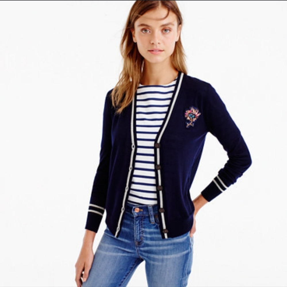 J.Crew V NECK CARDIGAN SWEATER With Floral Patch.